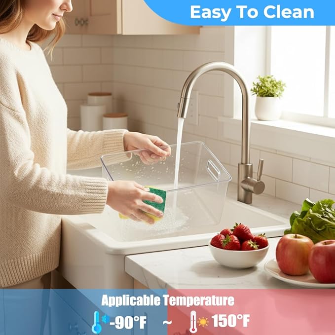 MOONEDGE 4 Pack Open Clear Plastic Storage Bins 11"x8"x6" Stackable Organizer Containers with Handle for Kitchen, Pantry, Fridge, Bathroom,Cabinet,Closet Storage