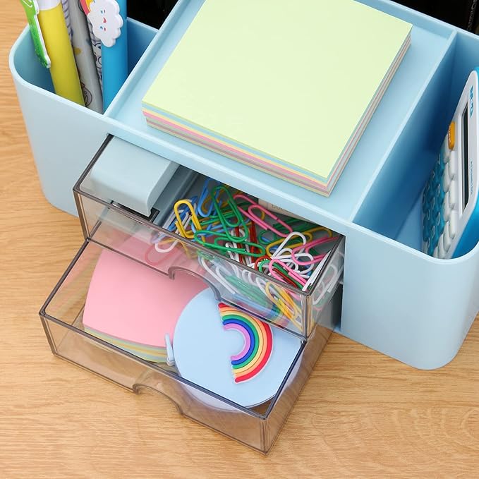 Desk Organizer with 2 Drawer, Plastic Desktop Pen Pencil Card Holder Storage Box for Desk, Office Supplies, Vanity Table Office School Home (Blue)