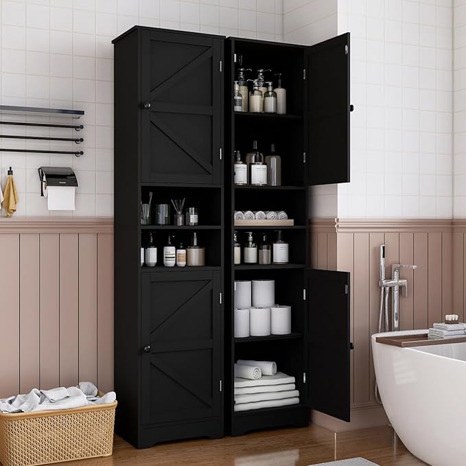 Tall Bathroom Cabinet, Storage Cabinet with 2 Doors & 2 Open Storage Compartments, Adjustable Shelf, for Bathrooms, Kitchens, Entrances, or Bedrooms Black