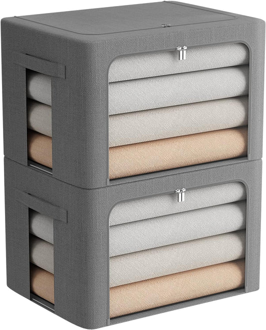 Clear window storage bins stackable linen fabric foldable organizer with handles small space storage
