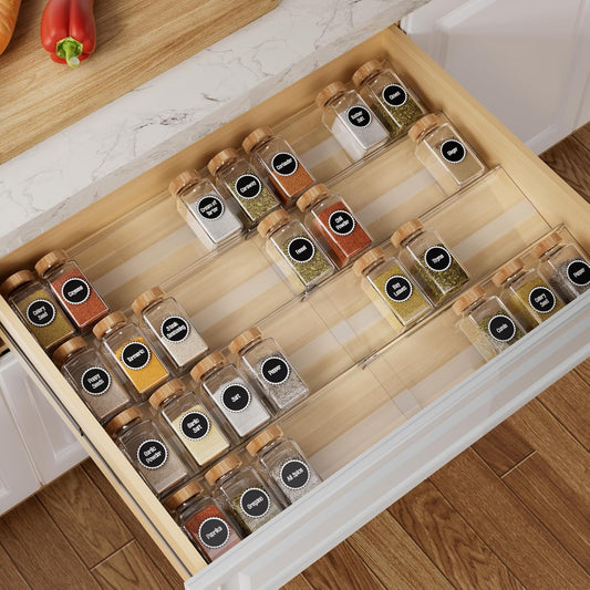 Expandable spice drawer organizer acrylic seasoning rack kitchen organization renter-friendly