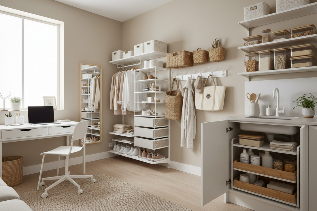 Complete no-drill storage guide for renters — organized small apartment with under-sink, pantry, wall, closet and desk systems, damage-free