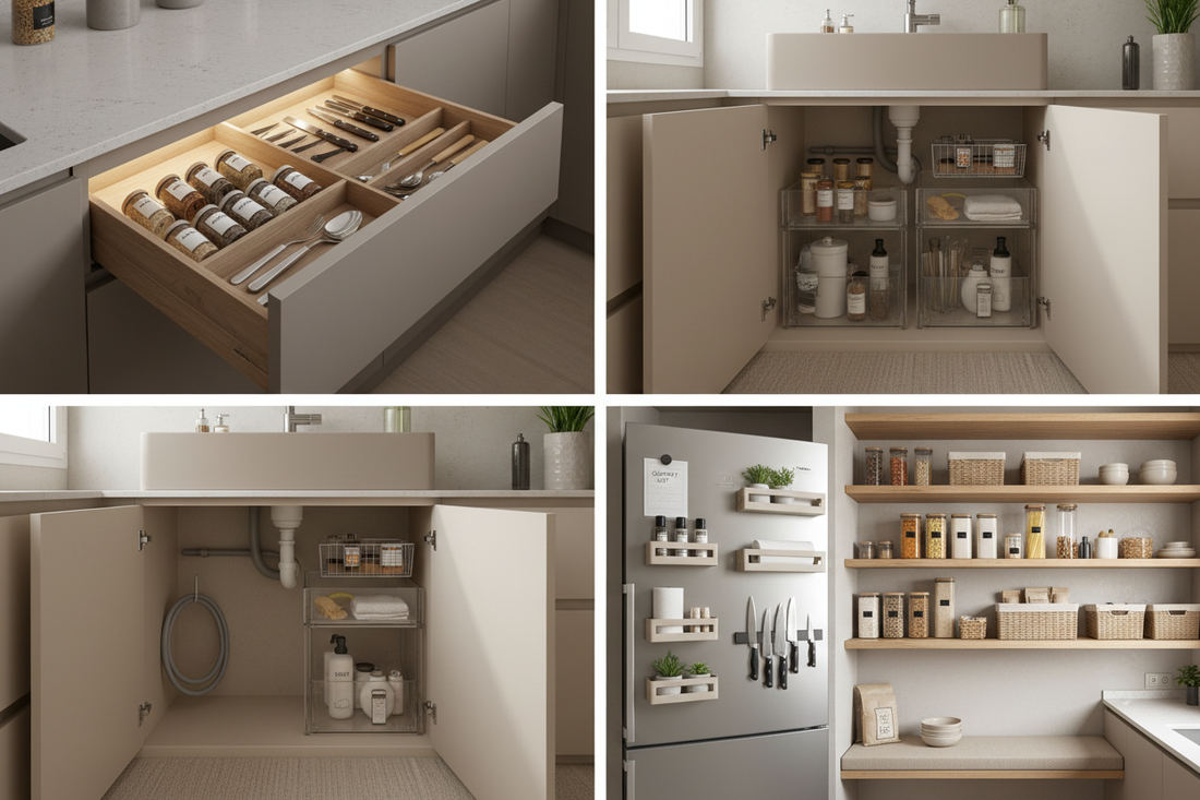 Complete guide to small-space storage solutions - kitchen organization, under-sink storage, magnetic systems, and pantry organization for apartments