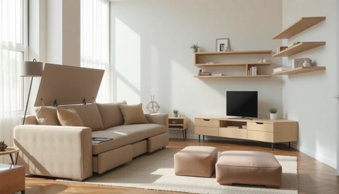 Hidden storage sofa and modular furniture for small apartment living, creating a clutter-free and calm living room