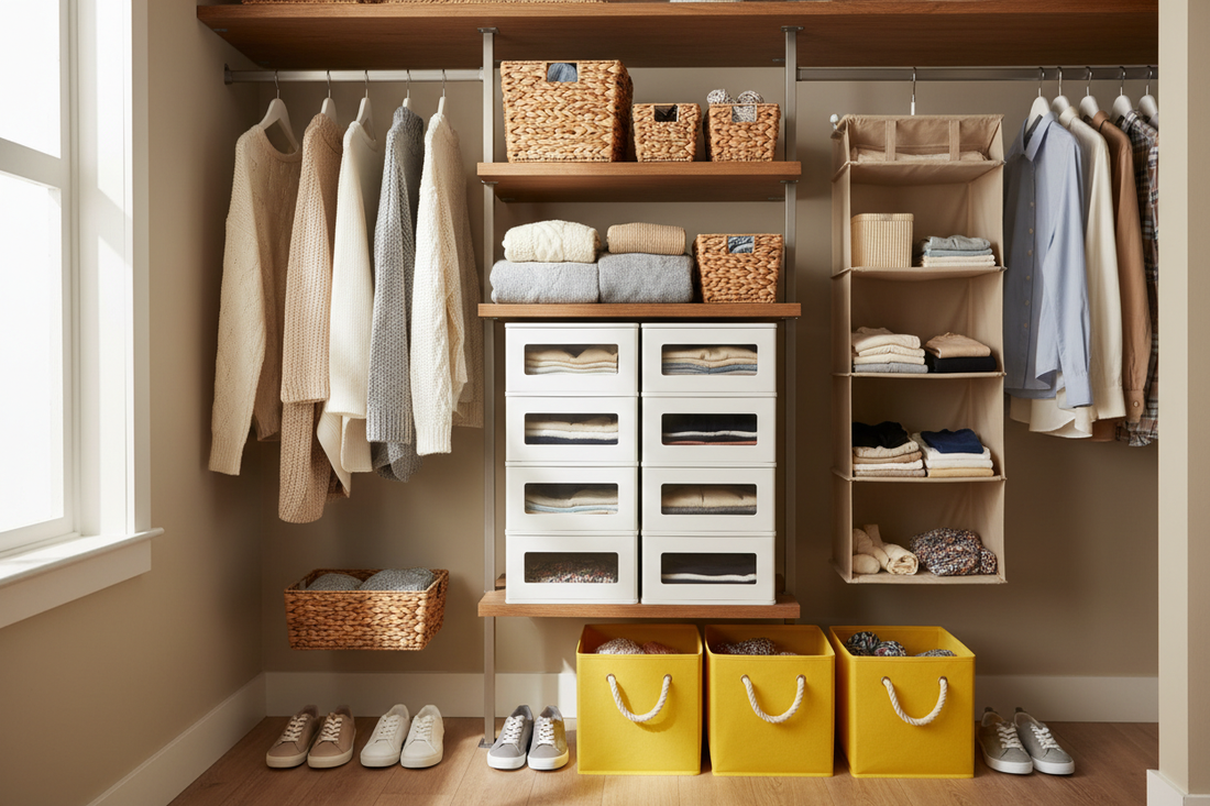 Organized bedroom closet with drill-free storage solutions for renters