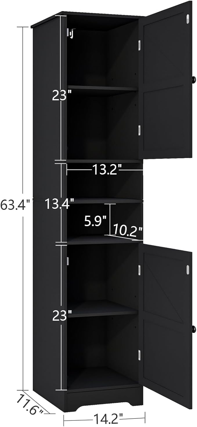 Tall Bathroom Cabinet, Storage Cabinet with 2 Doors & 2 Open Storage Compartments, Adjustable Shelf, for Bathrooms, Kitchens, Entrances, or Bedrooms Black