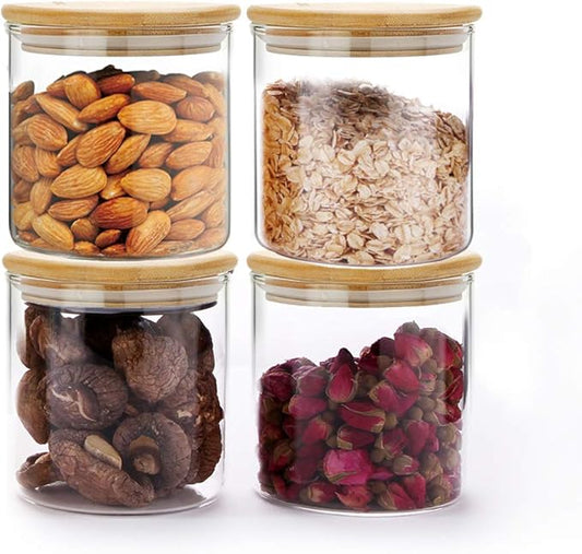 SIXAQUAE Glass Food Storage Containers Jar Seal Bamboo Lids 4 Packs 600ml Airtight Canister Organization Sets Stackable…