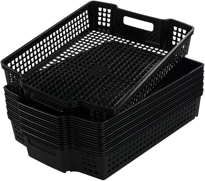 Anbers Black Plastic Storage Baskets, Stackable Office Organizer Trays, 6 Packs