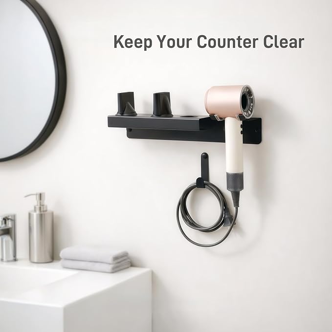 Dyson Hair Dryer Holder, Dyson Hair Dryer Wall Mount with Magnetic Attachment Storage, Dyson Blow Dryer Holder SUS304 Stainless Steel with Cable Management for Bathroom Salon PTALSEAW