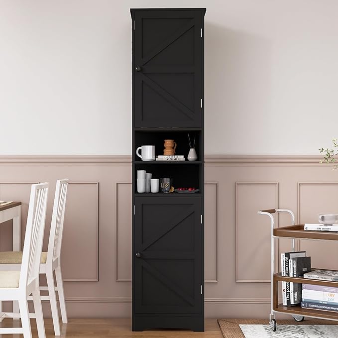 Tall Bathroom Cabinet, Storage Cabinet with 2 Doors & 2 Open Storage Compartments, Adjustable Shelf, for Bathrooms, Kitchens, Entrances, or Bedrooms Black