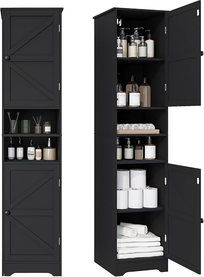 Tall Bathroom Cabinet, Storage Cabinet with 2 Doors & 2 Open Storage Compartments, Adjustable Shelf, for Bathrooms, Kitchens, Entrances, or Bedrooms Black
