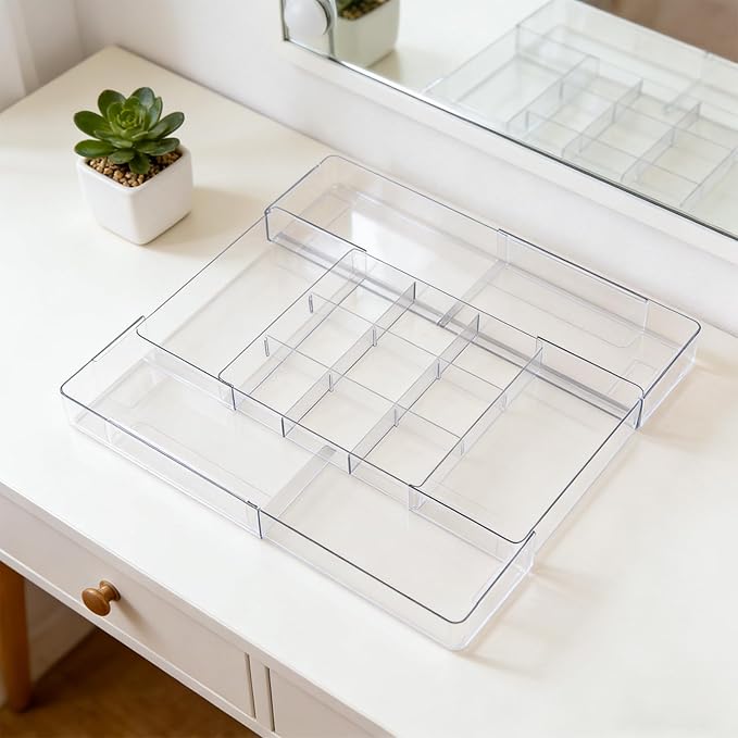 Acrylic Drawer Organizer, Expandable Drawer Organizer Trays, Desk Organizers and Accessories, Adjustable Compartments Desk Accessories for Makeup Utensil Junk Office Kitchen Bathroom