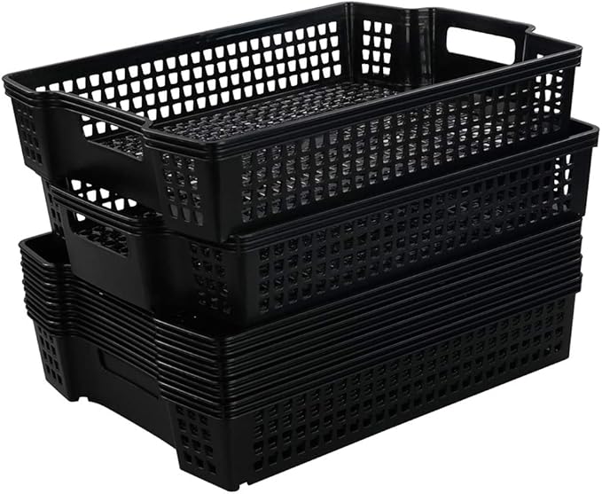 Anbers Black Plastic Storage Baskets, Stackable Office Organizer Trays, 6 Packs