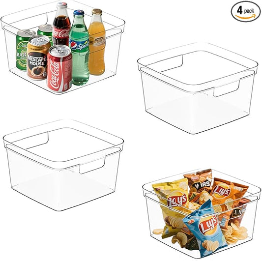MOONEDGE 4-Pack Clear Plastic Storage Bins — Open-Top PET Organizers, 10" x 10" x 6" Storage Containers Ideal for Pantry, Fridge, Shelf and Counter Organization, Small Storage Bins for Home