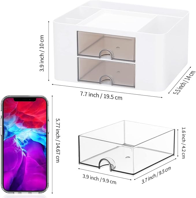 Desk Organizer with 2 Drawer, Plastic Desktop Pen Pencil Card Holder Storage Box for Desk, Office Supplies, Vanity Table Office School Home (White)