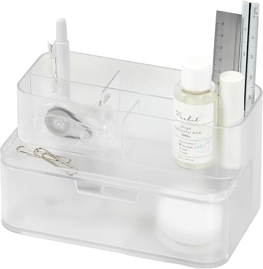 BLUE GINKGO Compact Desk Organizer – Small 5-Compartment, Half Drawer Storage – Pen Holder, Stationery Organizer for Desktop, Vanity, Shelf (Made in Korea, Transperent)