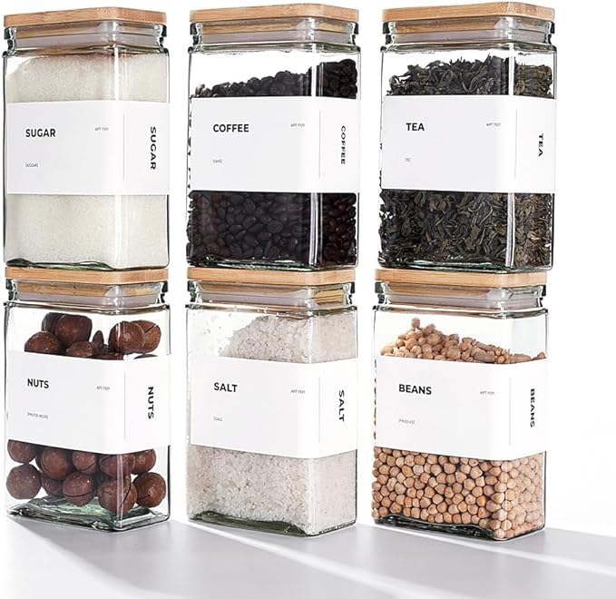 APT 1101 27 oz Glass Storage Jars with Bamboo Lid, set of 6, glass canisters with airtight lids, Clear jars with lids for Cookie, Candy, Tea, Coffee Bean and Rice (White)