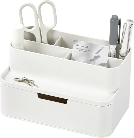 BLUE GINKGO Compact Desk Organizer – Small 5-Compartment, Half Drawer Storage – Pen Holder, Stationery Organizer for Desktop, Vanity, Shelf (Made in Korea, White)