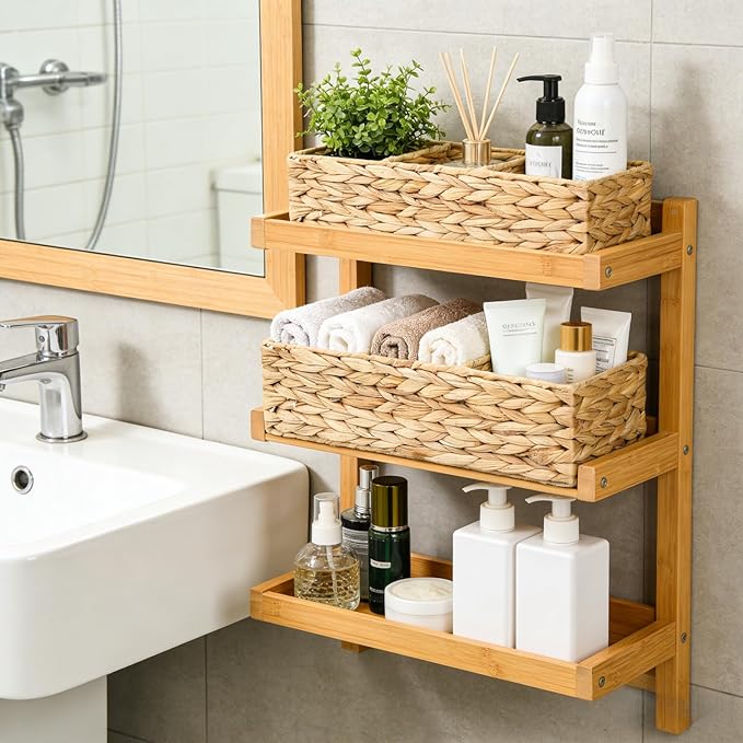 2 Pack 3-Section Woven Baskets, Water Hyacinth Storage Bin, Handwoven Desk Organizer, Toilet Paper Container, Rectangle Holder for Counter Top Toilet Tank Shelves Coffee Bar Pantry