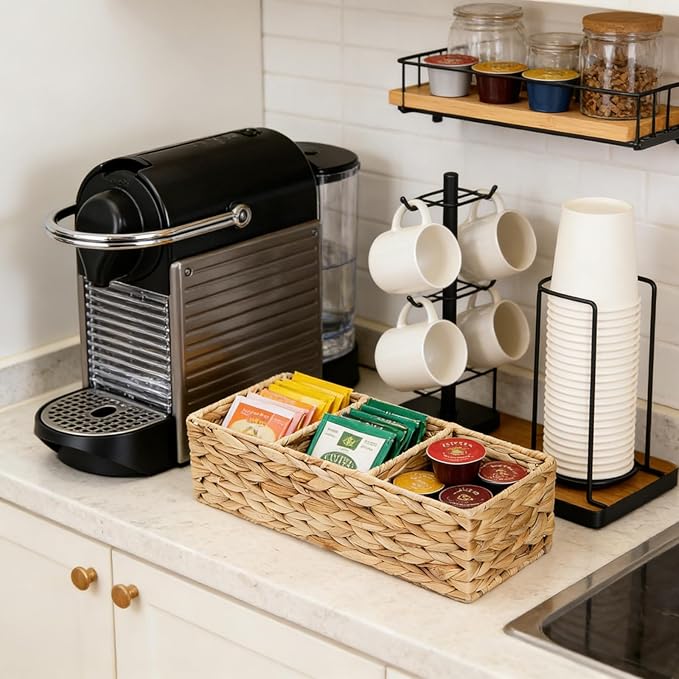 2 Pack 3-Section Woven Baskets, Water Hyacinth Storage Bin, Handwoven Desk Organizer, Toilet Paper Container, Rectangle Holder for Counter Top Toilet Tank Shelves Coffee Bar Pantry