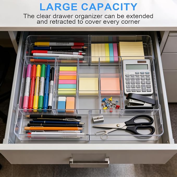 Acrylic Drawer Organizer, Expandable Drawer Organizer Trays, Desk Organizers and Accessories, Adjustable Compartments Desk Accessories for Makeup Utensil Junk Office Kitchen Bathroom