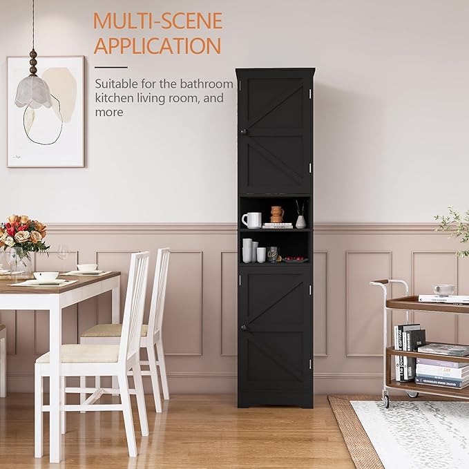 Tall Bathroom Cabinet, Storage Cabinet with 2 Doors & 2 Open Storage Compartments, Adjustable Shelf, for Bathrooms, Kitchens, Entrances, or Bedrooms Black