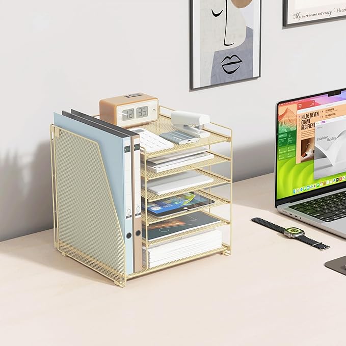 gianotter 6-Tier Paper Organizer With Magazine Holder, Desk Organizers and Accessories, Desk Accessories & Workspace Organizers, File Organizer for Office Supplies Storag (Gold, 6-Tier)