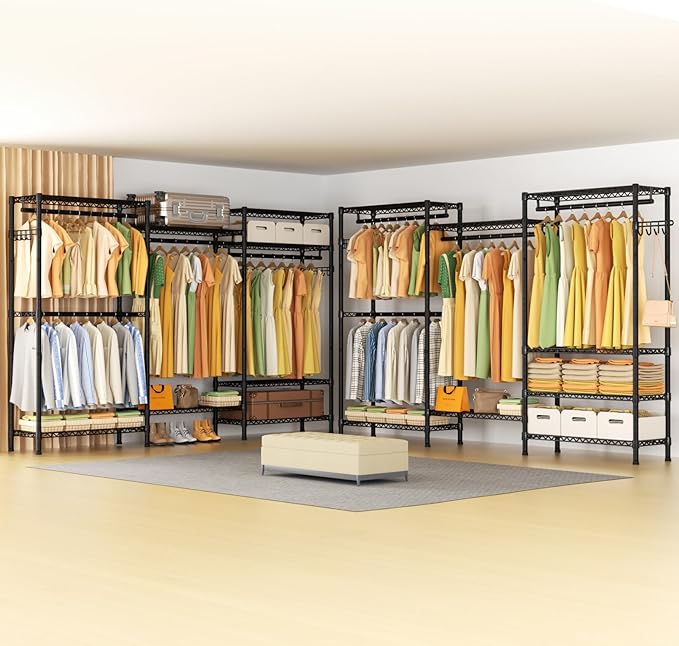 Heavy Duty Garment Rack Clothes Rack,Large Metal Closet Organizer System Storage Wardrobe,Freestanding Clothing Rack with 8 Adjustable Wire Shelves&4 Hang Rods,MaxLoad 800lbs