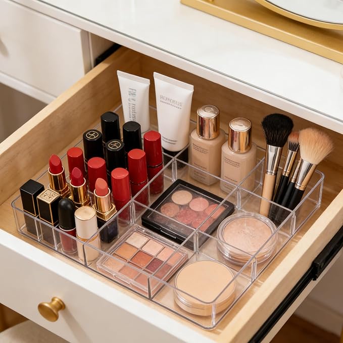 Acrylic Drawer Organizer, Expandable Drawer Organizer Trays, Desk Organizers and Accessories, Adjustable Compartments Desk Accessories for Makeup Utensil Junk Office Kitchen Bathroom