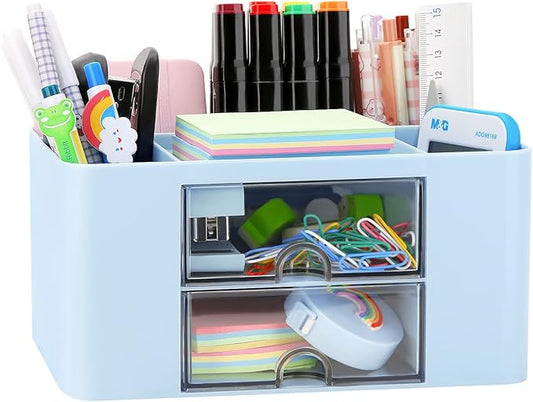 Desk Organizer with 2 Drawer, Plastic Desktop Pen Pencil Card Holder Storage Box for Desk, Office Supplies, Vanity Table Office School Home (Blue)