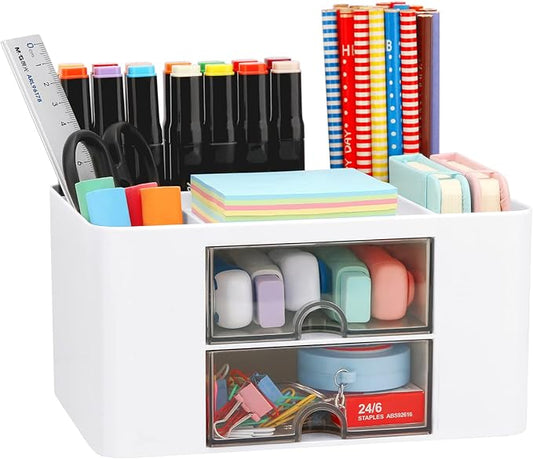 Desk Organizer with 2 Drawer, Plastic Desktop Pen Pencil Card Holder Storage Box for Desk, Office Supplies, Vanity Table Office School Home (White)