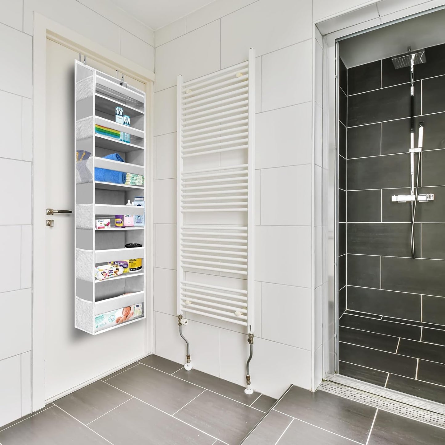 Over-Door Organizer with 6 Pockets + 12 Mesh Sides — Holds 50lbs, No Drilling (Ivory)