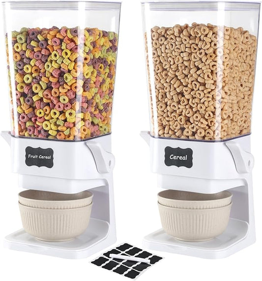 Cereal Dispenser Countertop with Cereal Bowls,16 Labels & Pen, Cereal Containers Storage, Candy Dispenser, Dry Food Dispenser For Pantry - Not Easy to Crush Food (White, 2 Pack)