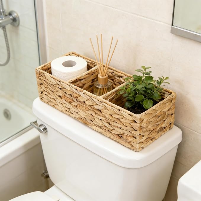 2 Pack 3-Section Woven Baskets, Water Hyacinth Storage Bin, Handwoven Desk Organizer, Toilet Paper Container, Rectangle Holder for Counter Top Toilet Tank Shelves Coffee Bar Pantry