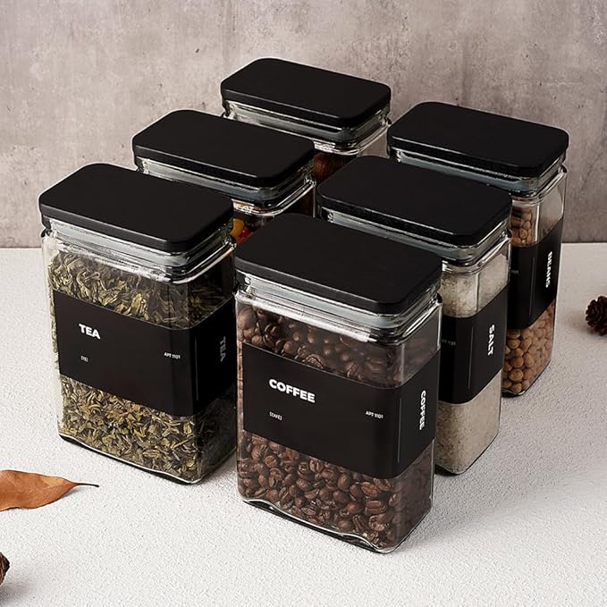 APT 1101 27 oz Glass Storage Jars with Bamboo Lid, set of 6, glass canisters with airtight lids, Clear jars with lids for Cookie, Candy, Tea, Coffee Bean and Rice, Black