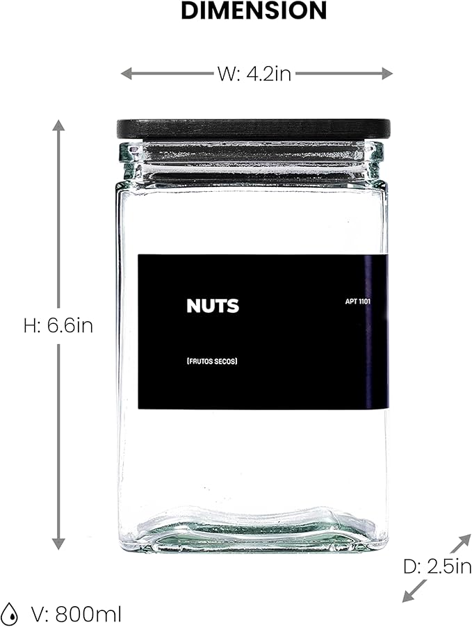 APT 1101 27 oz Glass Storage Jars with Bamboo Lid, set of 6, glass canisters with airtight lids, Clear jars with lids for Cookie, Candy, Tea, Coffee Bean and Rice, Black