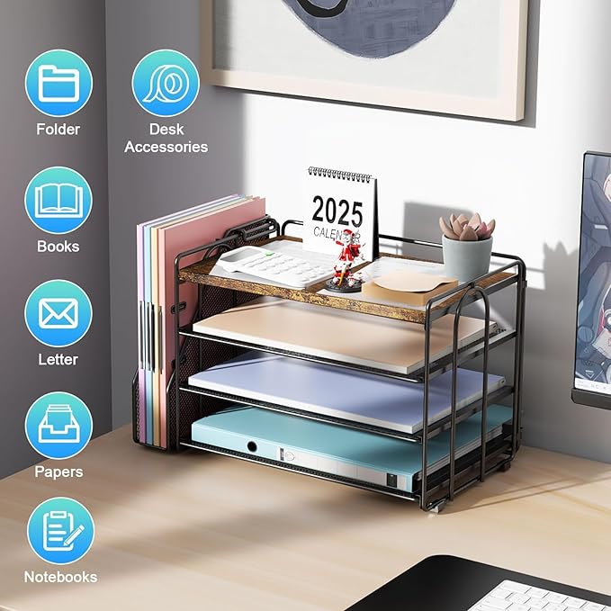 gianotter 4-Tier Paper Organizer With Magazine Holder, Desk Organizers and Accessories, Desk Accessories & Workspace Organizers, File Organizer for Office Supplies Storag (Wood, 4-Tier)