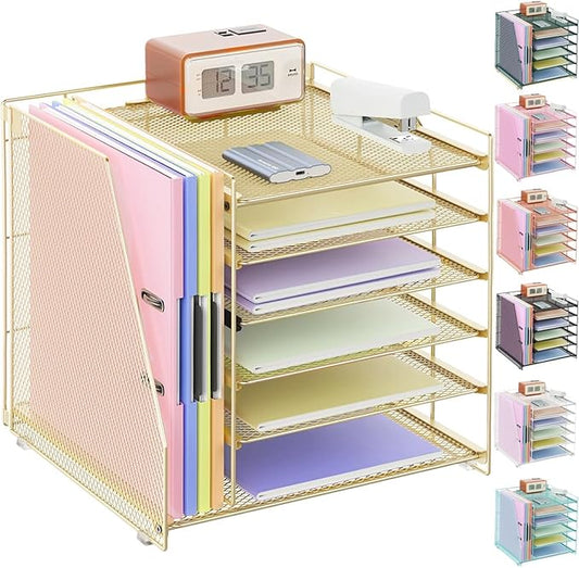 gianotter 6-Tier Paper Organizer With Magazine Holder, Desk Organizers and Accessories, Desk Accessories & Workspace Organizers, File Organizer for Office Supplies Storag (Gold, 6-Tier)