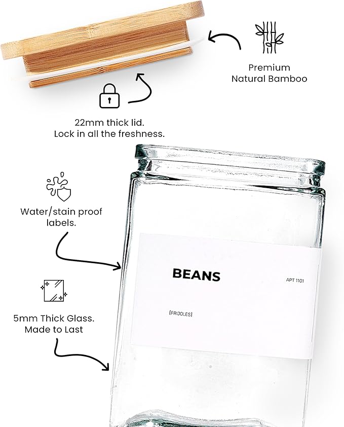 APT 1101 27 oz Glass Storage Jars with Bamboo Lid, set of 6, glass canisters with airtight lids, Clear jars with lids for Cookie, Candy, Tea, Coffee Bean and Rice (White)