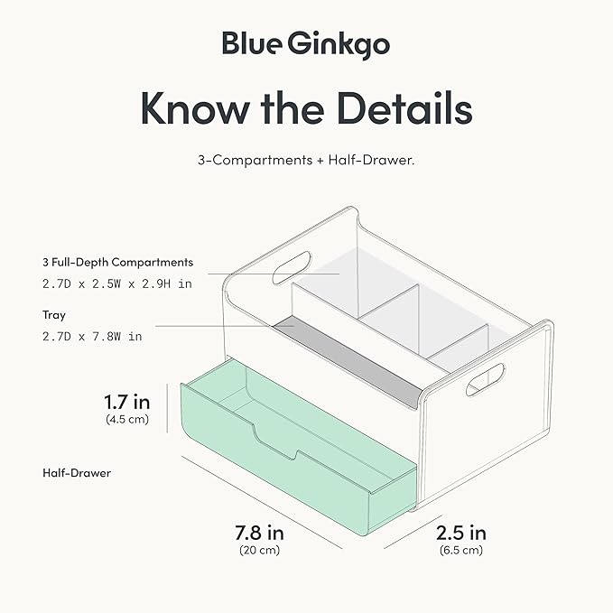 BLUE GINKGO Portable Desk Organizer – Compact 3 Compartment, Half-drawer Storage – Pen Holder, Stationery Desktop Organizer for Office, Makeup, Crafts (Made in Korea, White)