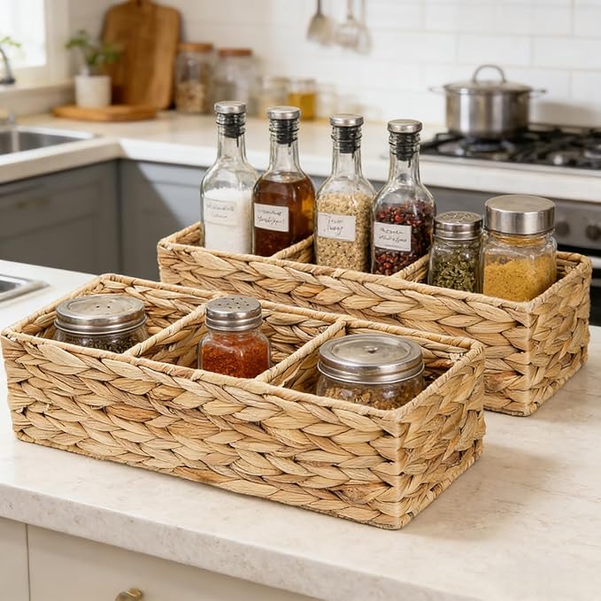 2 Pack 3-Section Woven Baskets, Water Hyacinth Storage Bin, Handwoven Desk Organizer, Toilet Paper Container, Rectangle Holder for Counter Top Toilet Tank Shelves Coffee Bar Pantry
