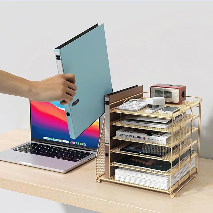 gianotter 6-Tier Paper Organizer With Magazine Holder, Desk Organizers and Accessories, Desk Accessories & Workspace Organizers, File Organizer for Office Supplies Storag (Gold, 6-Tier)