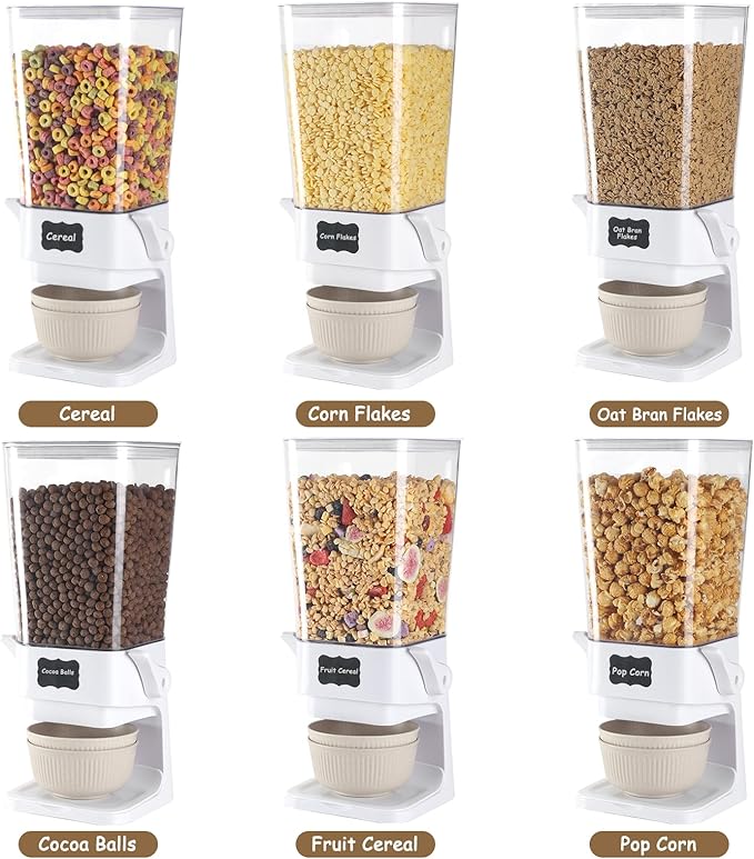 Cereal Dispenser Countertop with Cereal Bowls,16 Labels & Pen, Cereal Containers Storage, Candy Dispenser, Dry Food Dispenser For Pantry - Not Easy to Crush Food (White, 2 Pack)
