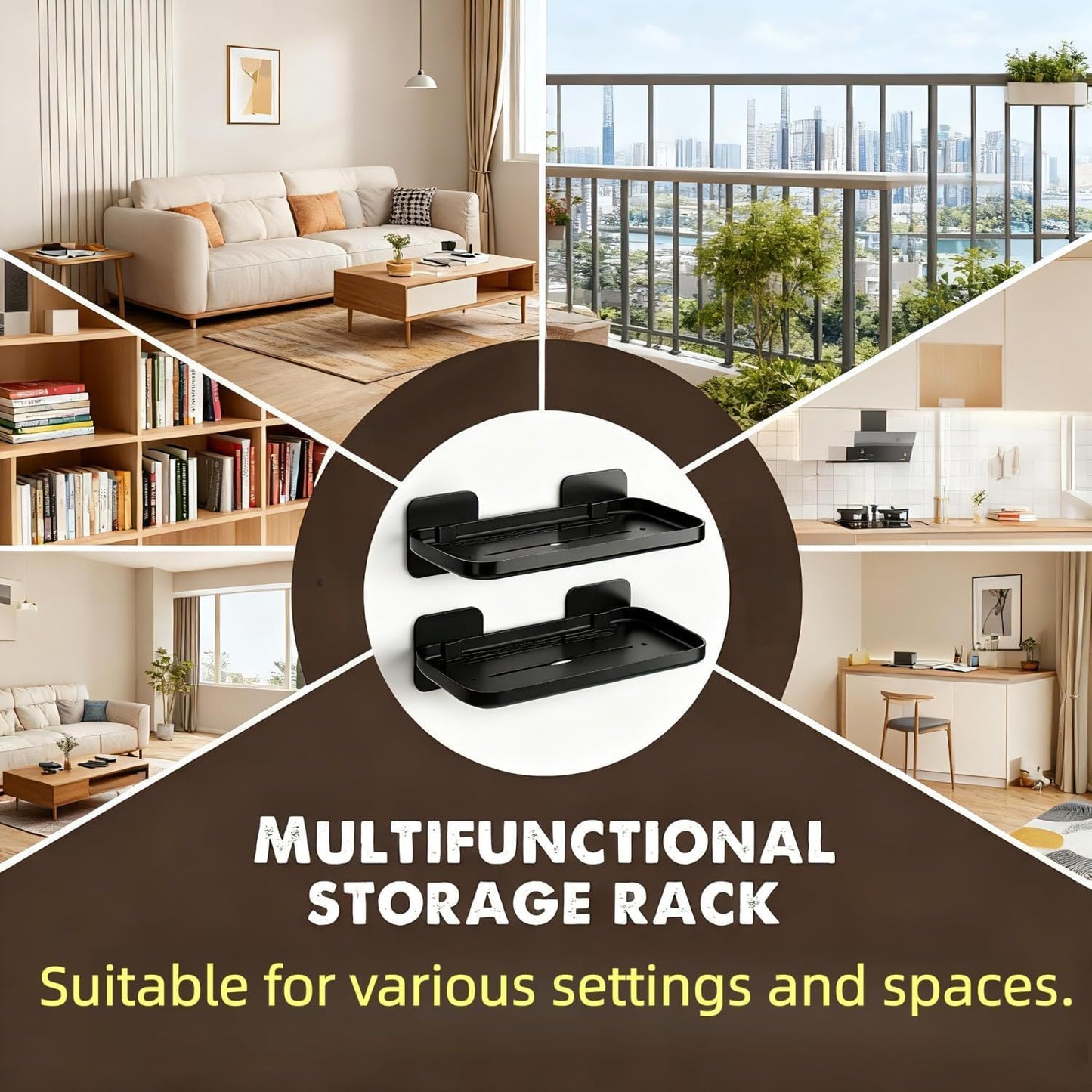 Adhesive Floating Wall Shelves — No Drilling, Damage-Free, 2 Pack (Black)