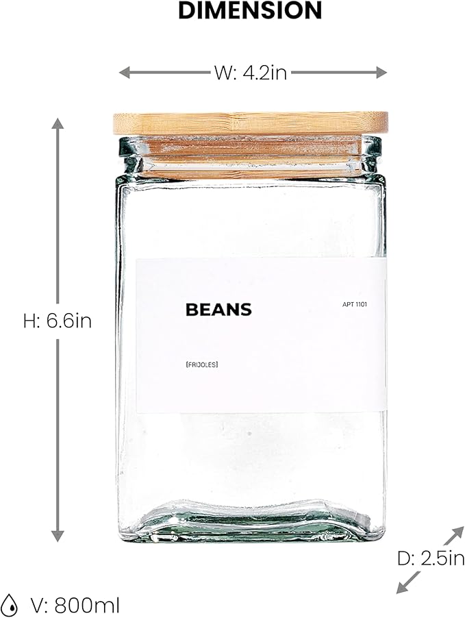 APT 1101 27 oz Glass Storage Jars with Bamboo Lid, set of 6, glass canisters with airtight lids, Clear jars with lids for Cookie, Candy, Tea, Coffee Bean and Rice (White)