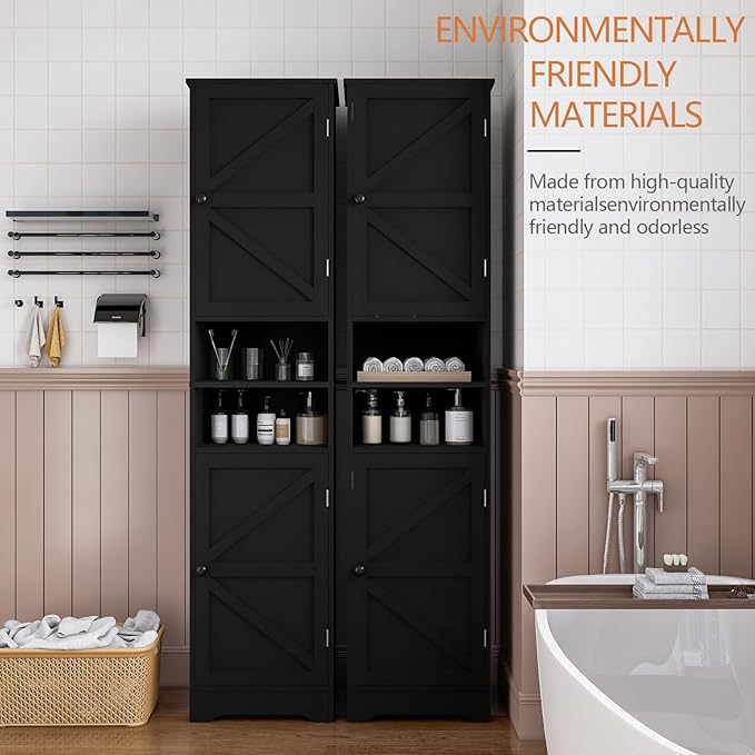 Tall Bathroom Cabinet, Storage Cabinet with 2 Doors & 2 Open Storage Compartments, Adjustable Shelf, for Bathrooms, Kitchens, Entrances, or Bedrooms Black
