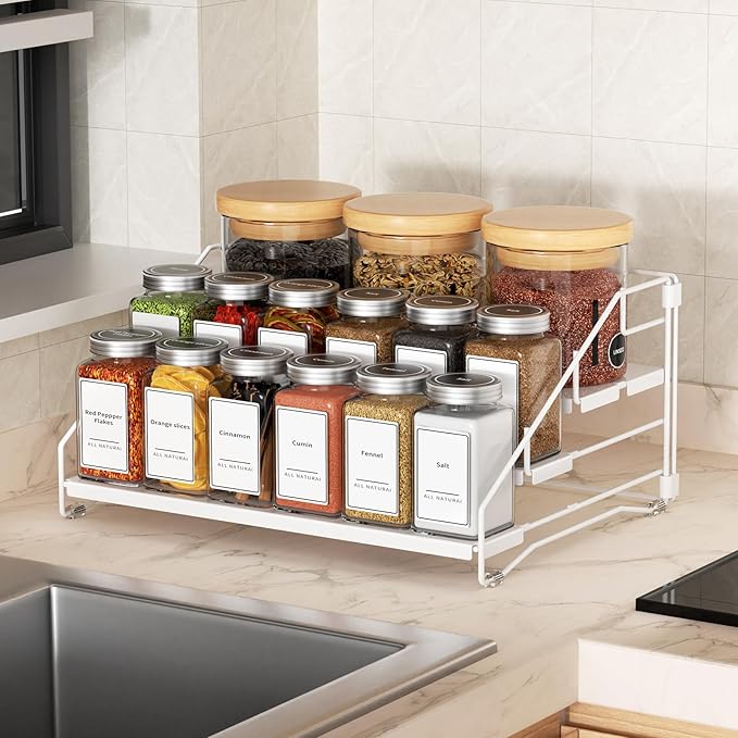 Tiered Spice Rack, 4 Tier Spice Shelf Organizer for Cabinet, Spice Rack Organizer, Depth Adjustable Seasoning Rack Organizer for Cabinet, Countertop, Pantry, Metal, White (1 Pack)