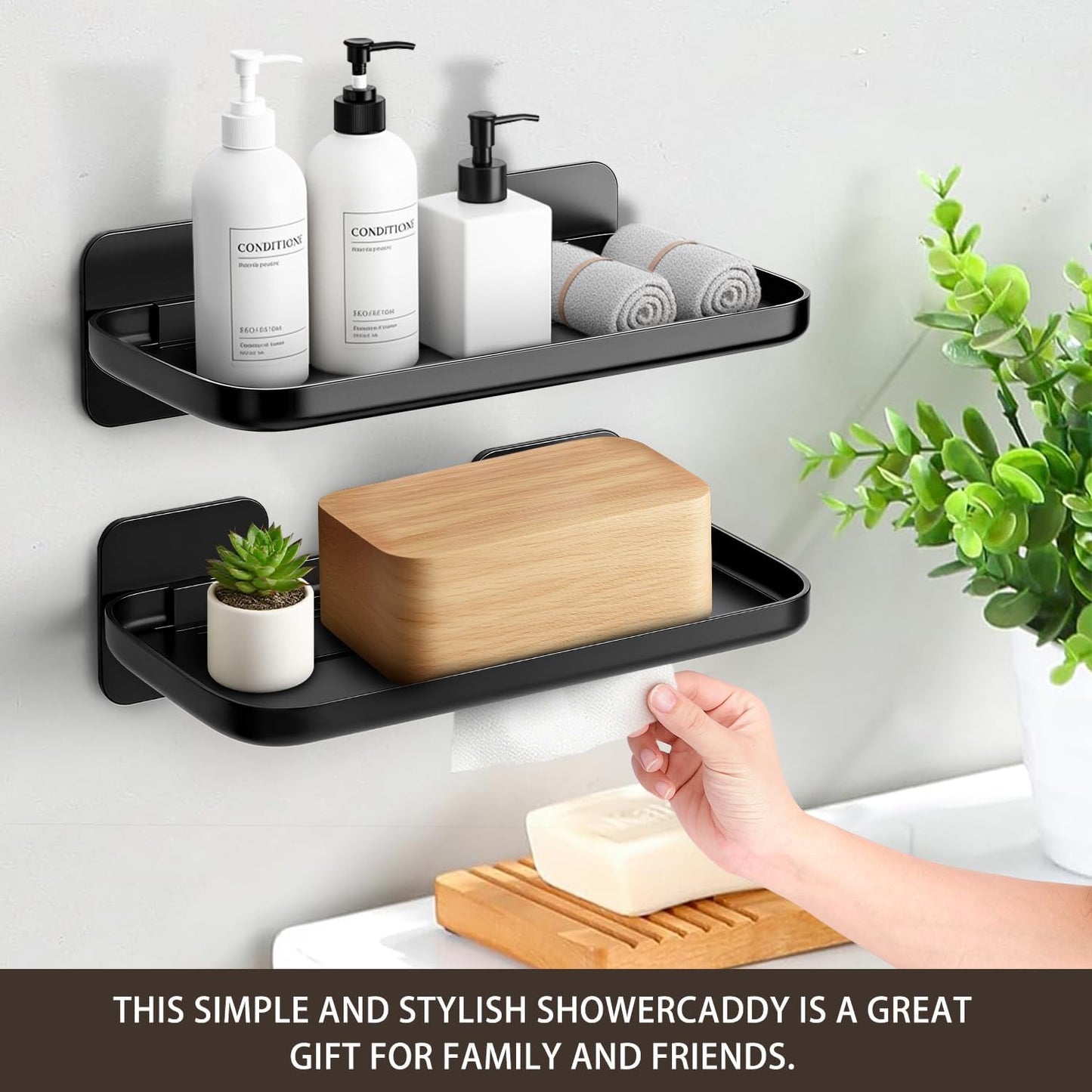 Adhesive Floating Wall Shelves — No Drilling, Damage-Free, 2 Pack (Black)