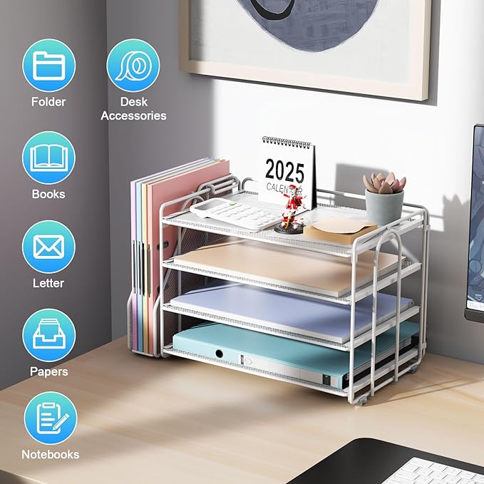 gianotter 4-Tier Paper Organizer With Magazine Holder, Desk Organizers and Accessories, Desk Accessories & Workspace Organizers, File Organizer for Office Supplies Storag (White, 4-Tier)