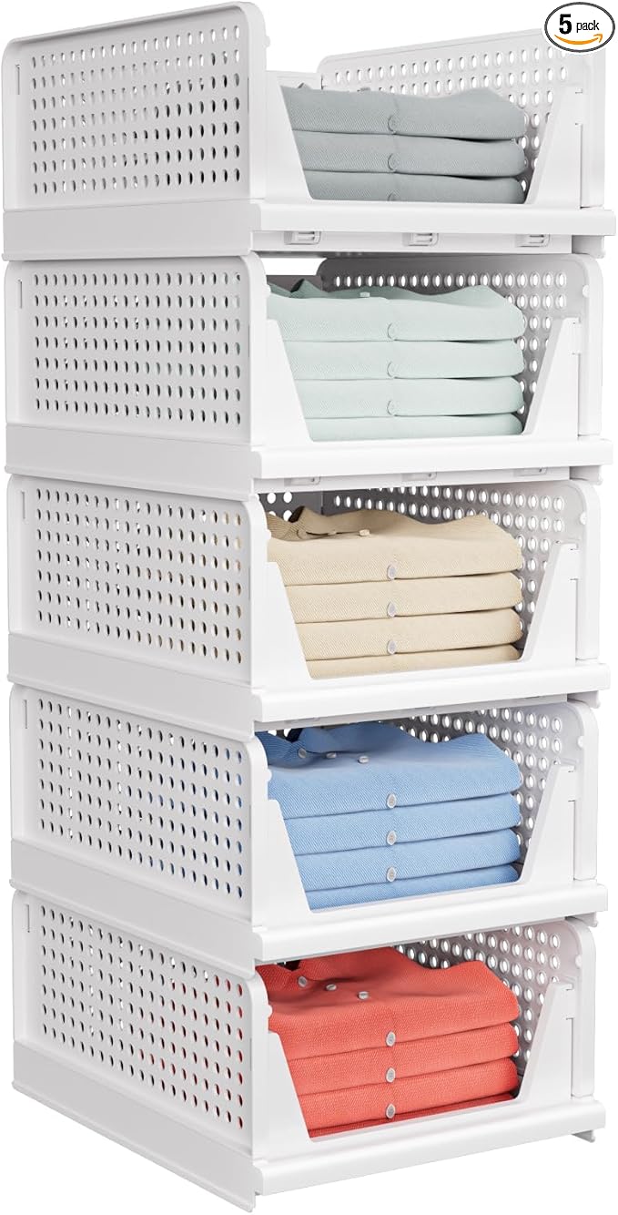5 Pack Stackable Closet Storage Basket - Stackable Storage Bins, Multifunctional & Foldable Closet Organizer Waterproof, Wardrobe Cupboard Space-Saving Hat Storage Drawer Organizer, White